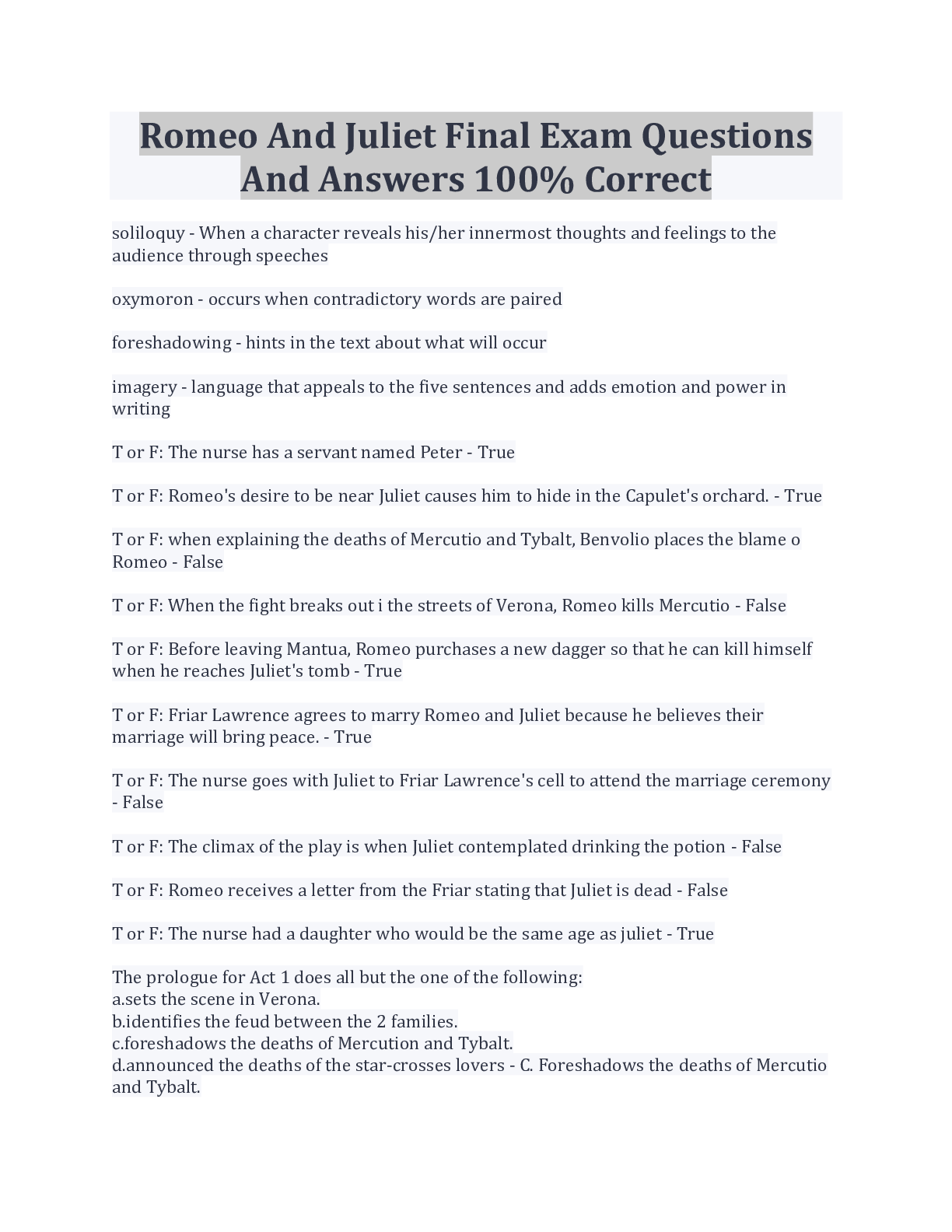 Romeo And Juliet Final Exam Questions And Answers 100 Correct